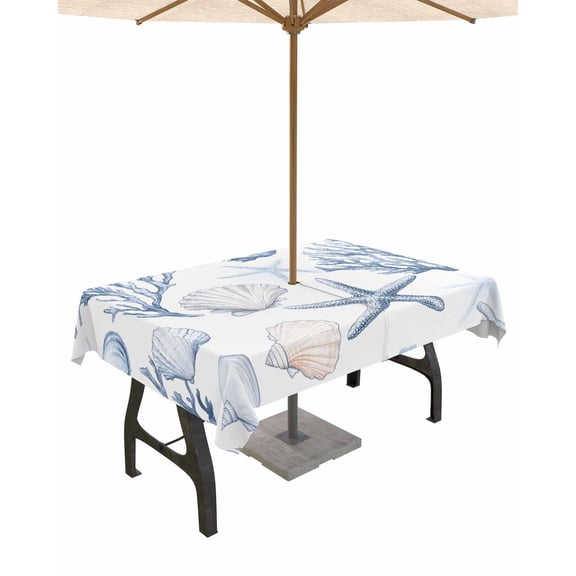 Fsddascl Blue Coastal Nautical Outdoor Tablecloth - 60x120 Inch Rectangle Dining Table Cover, Summer Beach Starfish Coral Waterproof Outdoor Table Cloth with Umbrella Hole & Zipper for Picnic/Patio