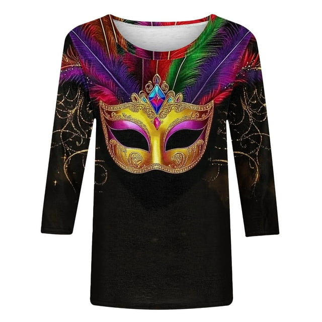 Qetyuw Chemises Mardi Gras pour Femmes T-Shirt Manches 3/4 Masque Amusant T-Shirts Graphiques Carnaval Fête Col Rond T-Shirts Grande Taille pour Femmes