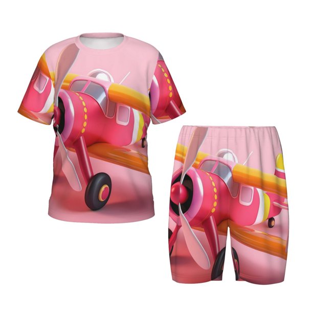 Balery Colorful Cartoon Biplane Conjunto de Pijama Infantil de Manga Corta con Estampado – Ropa de Dormir de Algodón Suave-Small