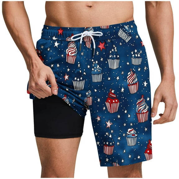 ZCFZJW 4th of July Mens Patriotic Swim Trunks with Compression Liner Casual USA Flag Printed Summer Drawstring Waist Stretch Board Shorts 2 in 1 Quick Dry Swimwear Bathing Suits Blue XXXL