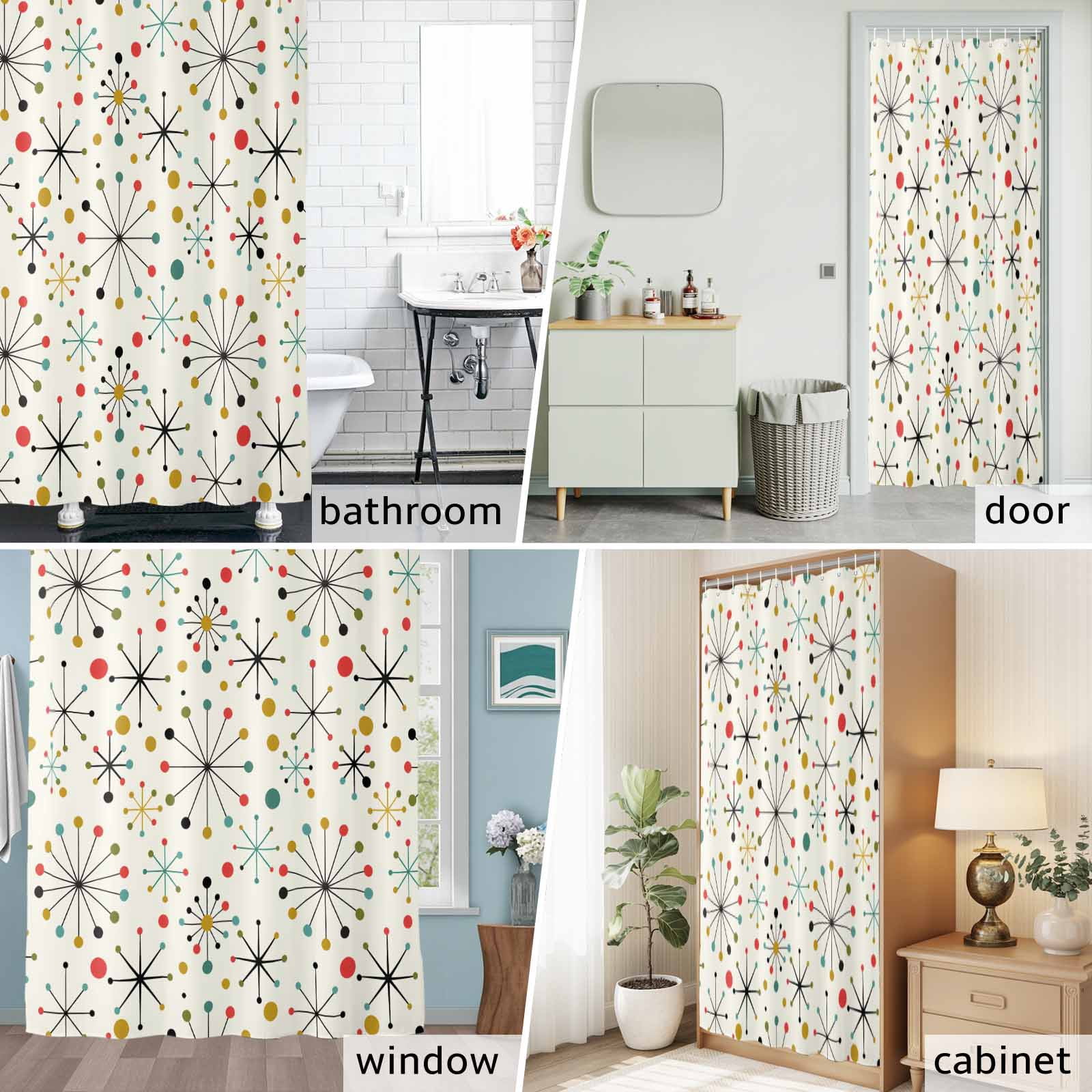 Shower Curtain Bathroom Set Mid Century Abstract Geometric Waterproof Fabric Shower Curtains with Grommets&Hooks, Modern Colorful Atomic Privacy Bath Curtain for Bathtub 72x84in