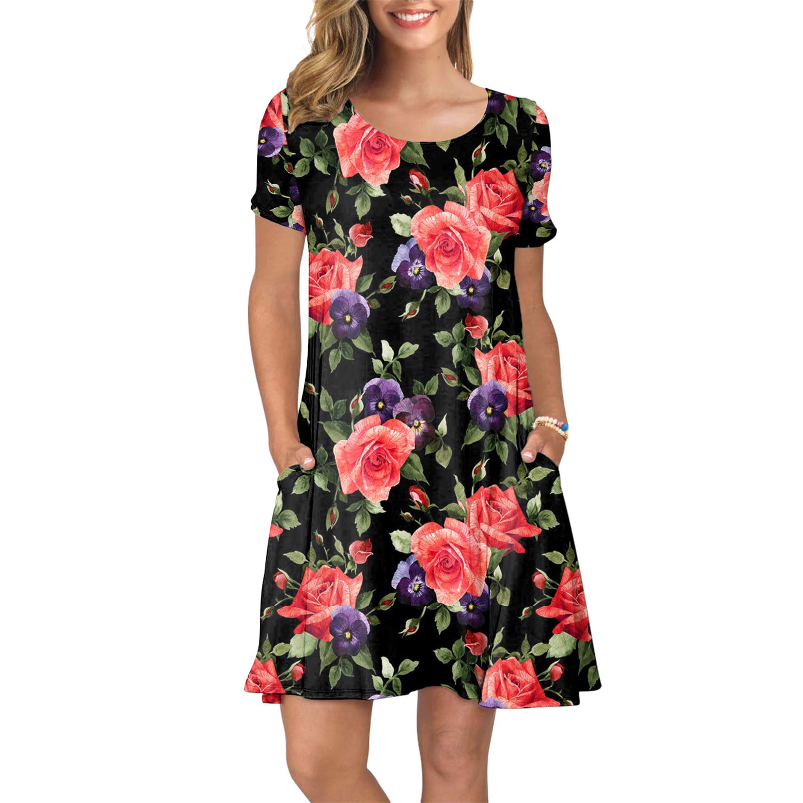 Women's Summer Casual T Shirt Dresses Short Sleeve Swing Dress Pockets -  Walmart.com