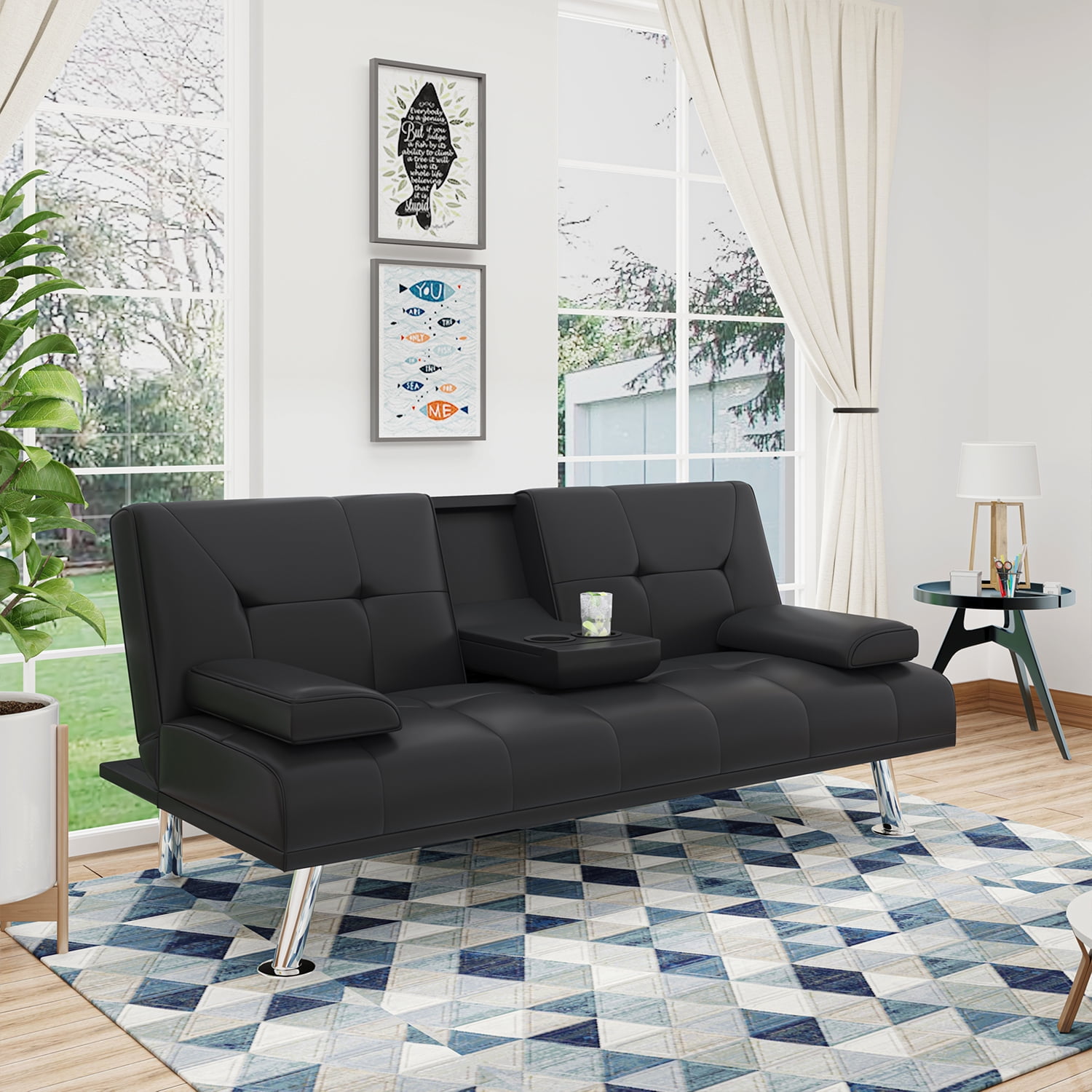 Kadyn Modern Faux Leather Futon Sofa Bed, Convertible Folding Sofa Couch with Cupholders and Pillows, Loveseat for Home, Living Room, Apartment, Black