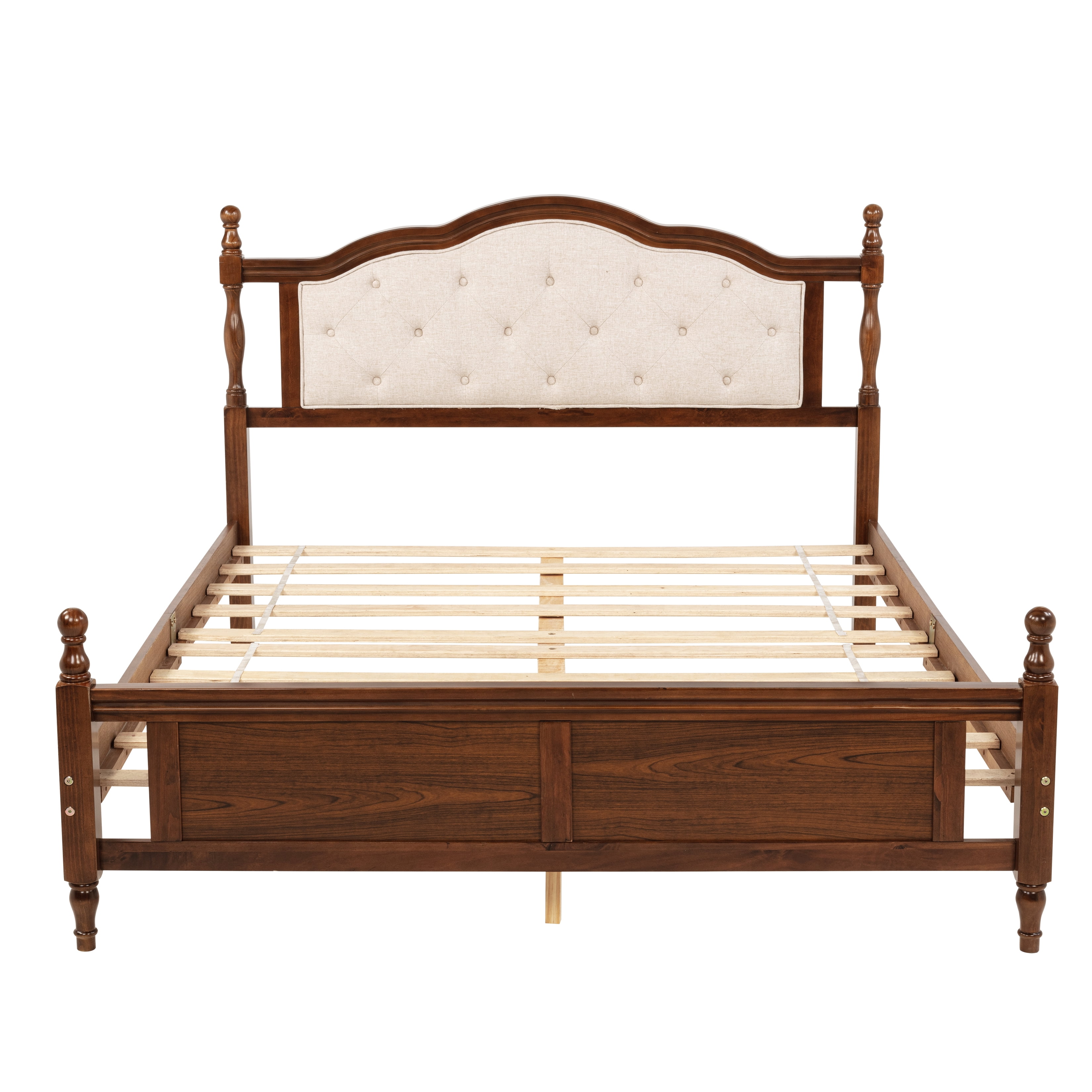 Miniyam Wood Queen Size Bed with Tufted Upholstered Headboard for Adult, Walnut