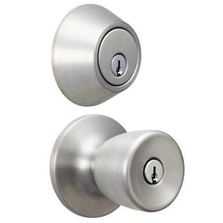 HYPER TOUGH KEYED ENTRY TULIP STYLE DOORKNOB AND DEADBOLT COMBO PACK, STAINLESS STEEL FINISH