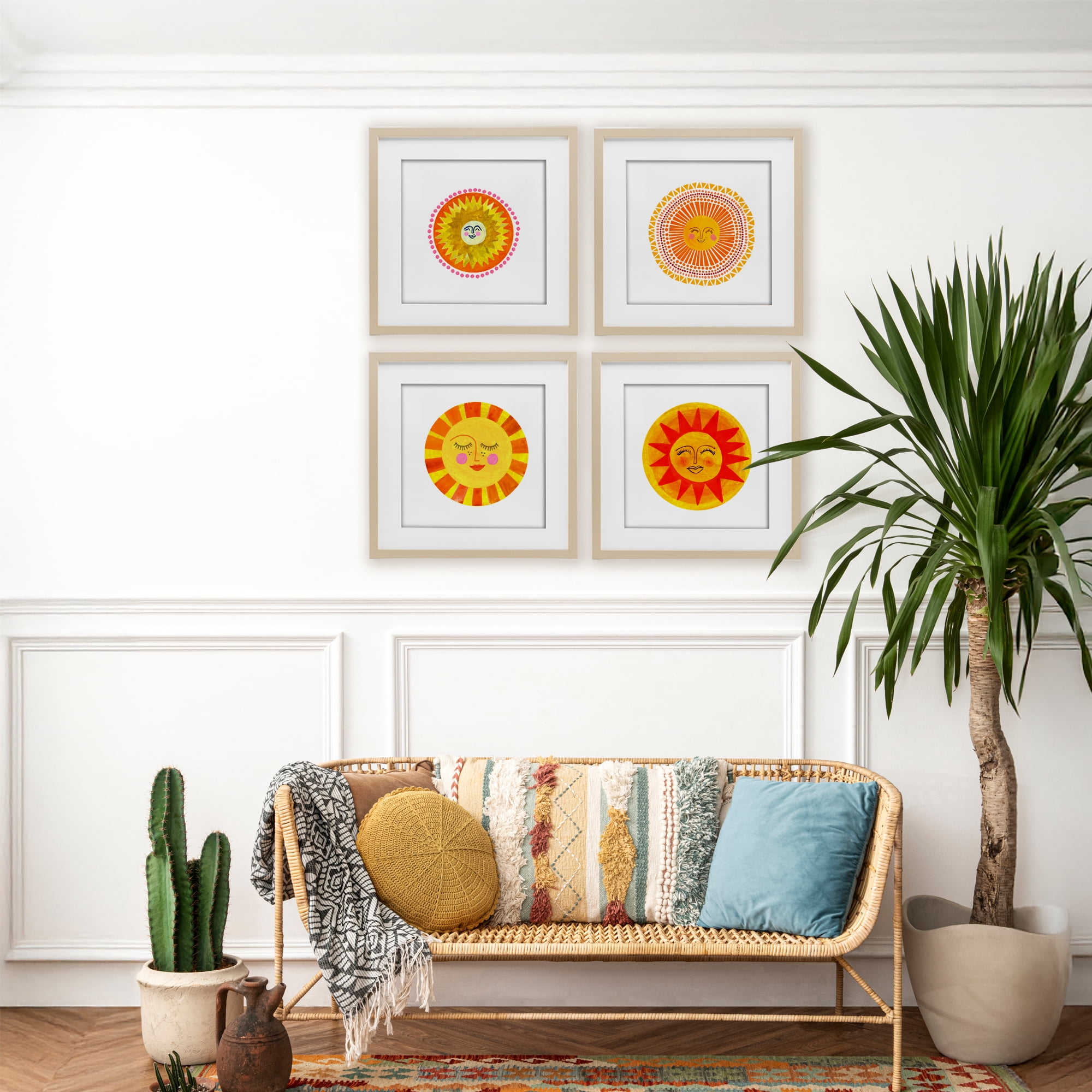 Stupell Industries Whimsical Smiling Suns 4 Piece Birch Framed Print Under Glass Set, design by Katherine Herrell Studio