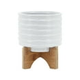 thumbnail image 5 of Modern White Ceramic Planter with Wooden Stand - Textured Ceramic Indoor Plant Pot for Home & Garden Decor - 8 Inch, White, 5 of 10