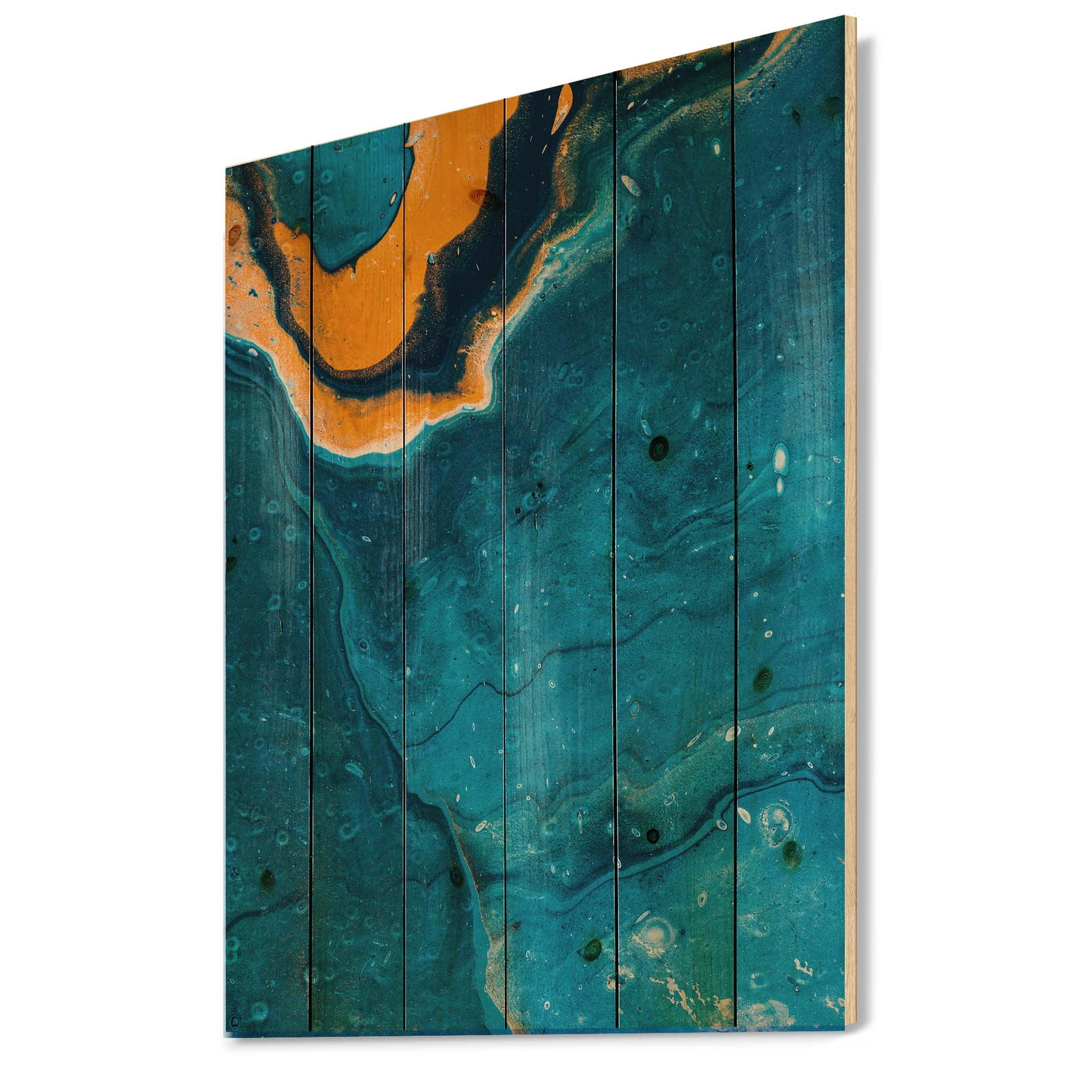 Designart 'Abstract Marble Composition In Orange and Blue III' Modern Print on Natural Pine Wood