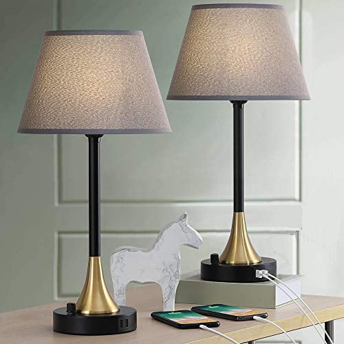 Usb Table Lamps Set Of 2 Bedside Nightstand With Metal Base And Grey Fabric Lamp Shade For Living Room Bedroom Office 20 High Com Usb Table Lamps Set Of 2 Bedside, Grey Fabric Lamp Shades