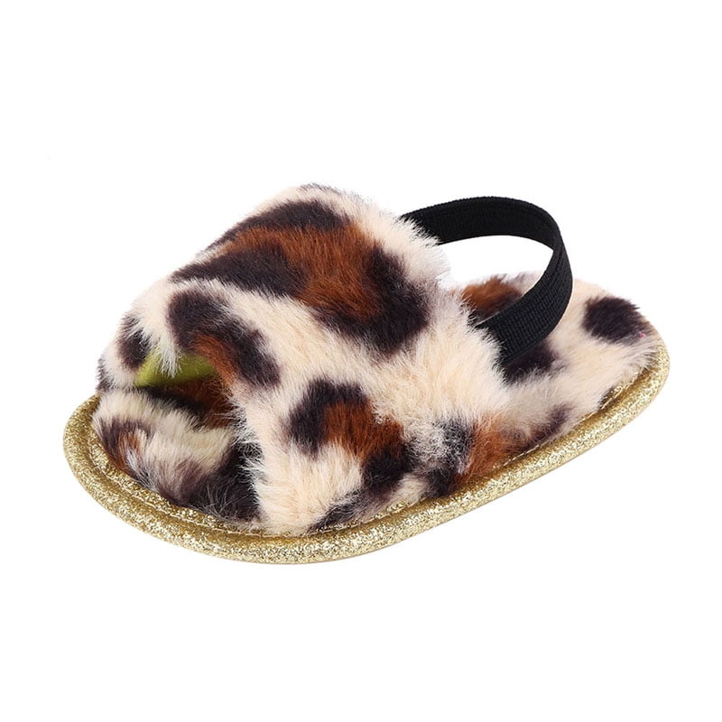 KIDSUN Baby Girls Sandals Faux Fur Slippers with Elastic Back Strap Fuzzy Slides Fluffy Soft Flat First Walker Toddler Boy House Shoes 
