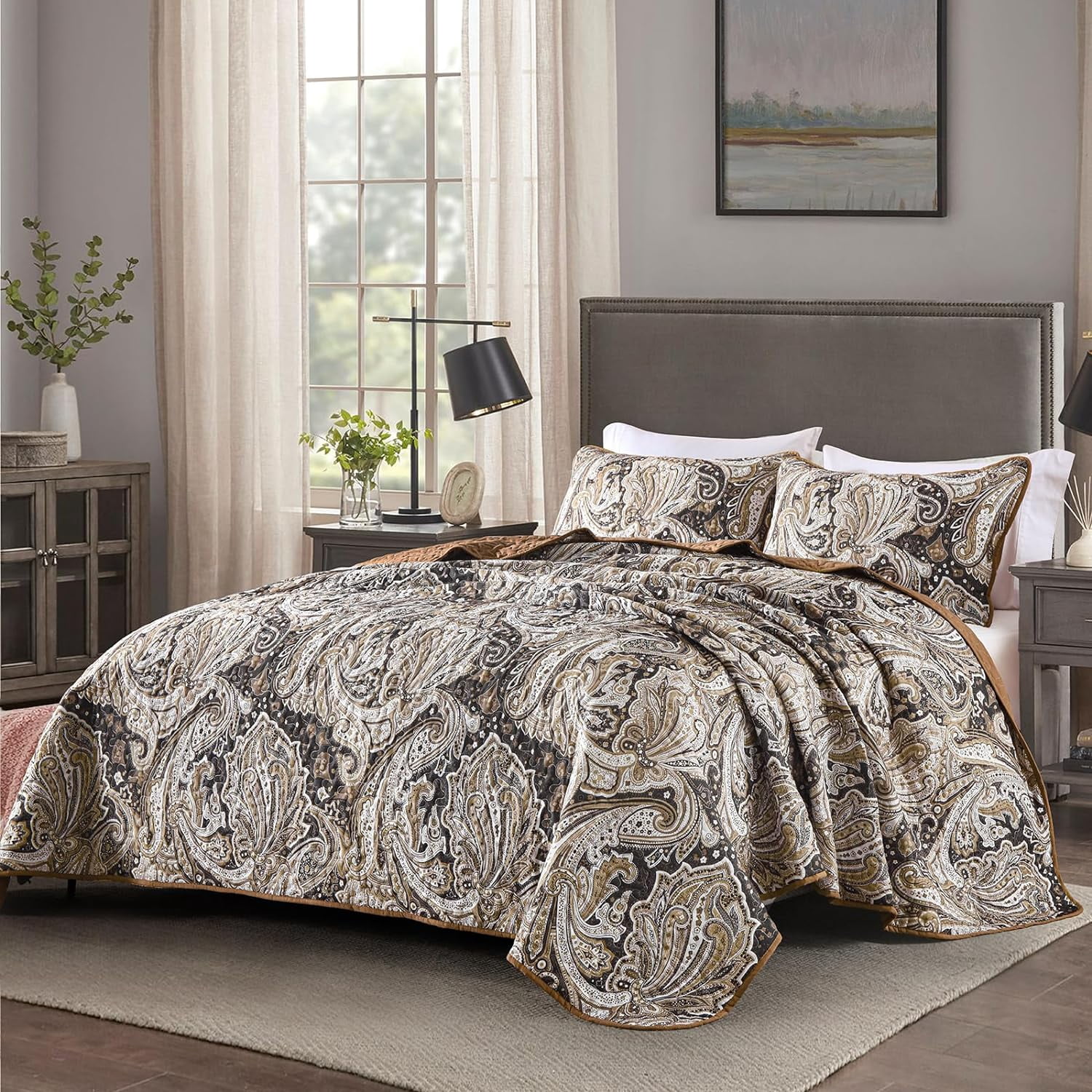 Dintszyayue Brown Paisley Quilt Set King Size,1Bedspreads and 2Pillowcases Soft Adult Coverlets(90"x110")