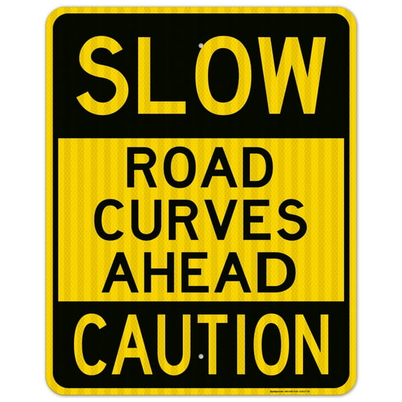 Road Curves Ahead Caution With Slow Symbol Sign,