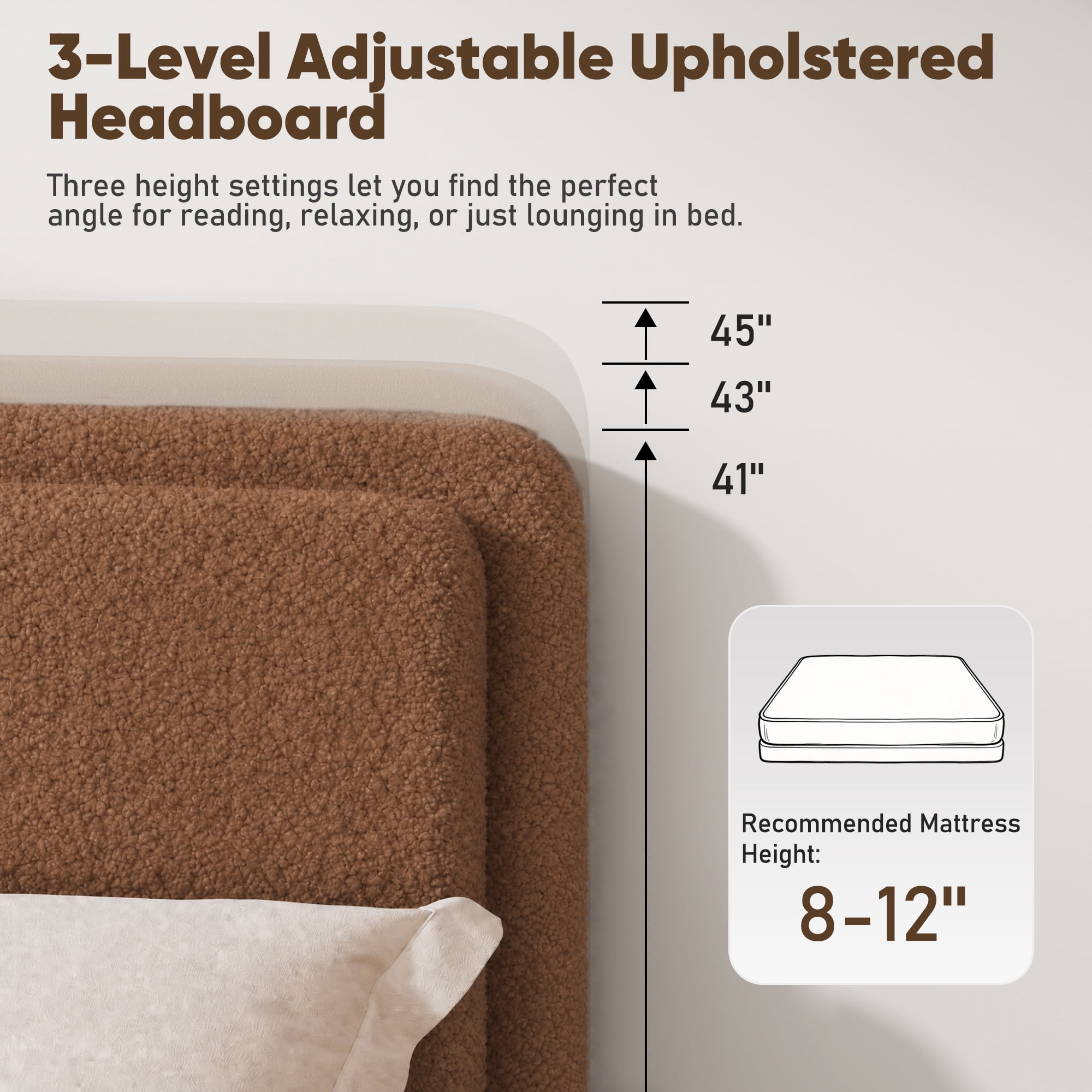 Frostbloom Queen Bed Frame with Boucle Adjustable Headboard, Cloud Style Upholstered Platform Bed, Brown