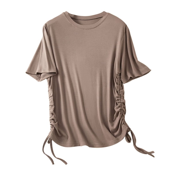 Birdeem Womens Solid Round Neck Threaded Cotton Slim Fitting Drawstring Top Short Sleeved Round Neck Top/Shirt