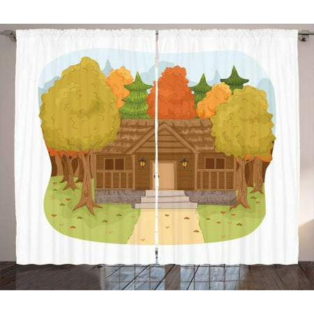 Country Curtains 2 Panels Set, Log Cabin Surrounded by Autumn Trees in Forest Illustration Outdoors Activity Theme, Window Drapes for Living Room Bedroom, 108W X 108L Inches, Multicolor, by