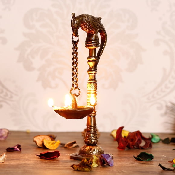 Decorative Handcrafted Brass Parrot Showpiece Diya For 5 Wicks With Stand, Golden