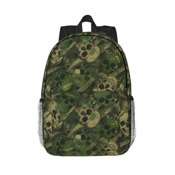 Easygdp Green Camouflage Skull Mochila Ligera de 15 Pulgadas para Estudiantes, Mochila Cómoda para la Escuela y Viajes, Correas Ajustables
