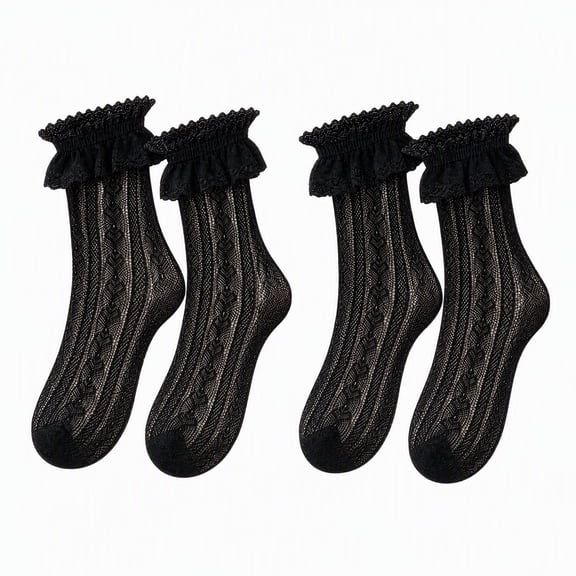 Stcellnmex 2 Pairs Black Women Lace Socks, Ruffle Frilly Ankle Socks, Cute Lolita Lace Trim Dress Socks for Accessories