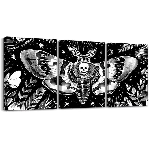 Hieng Boys Girls Black Moth Damask Canvas Wall Hieng for Living Room Bedroom Gothic Picture Wall Decor Kids Death Moth Bohemia Boho Painting Teens Bedroom Decor