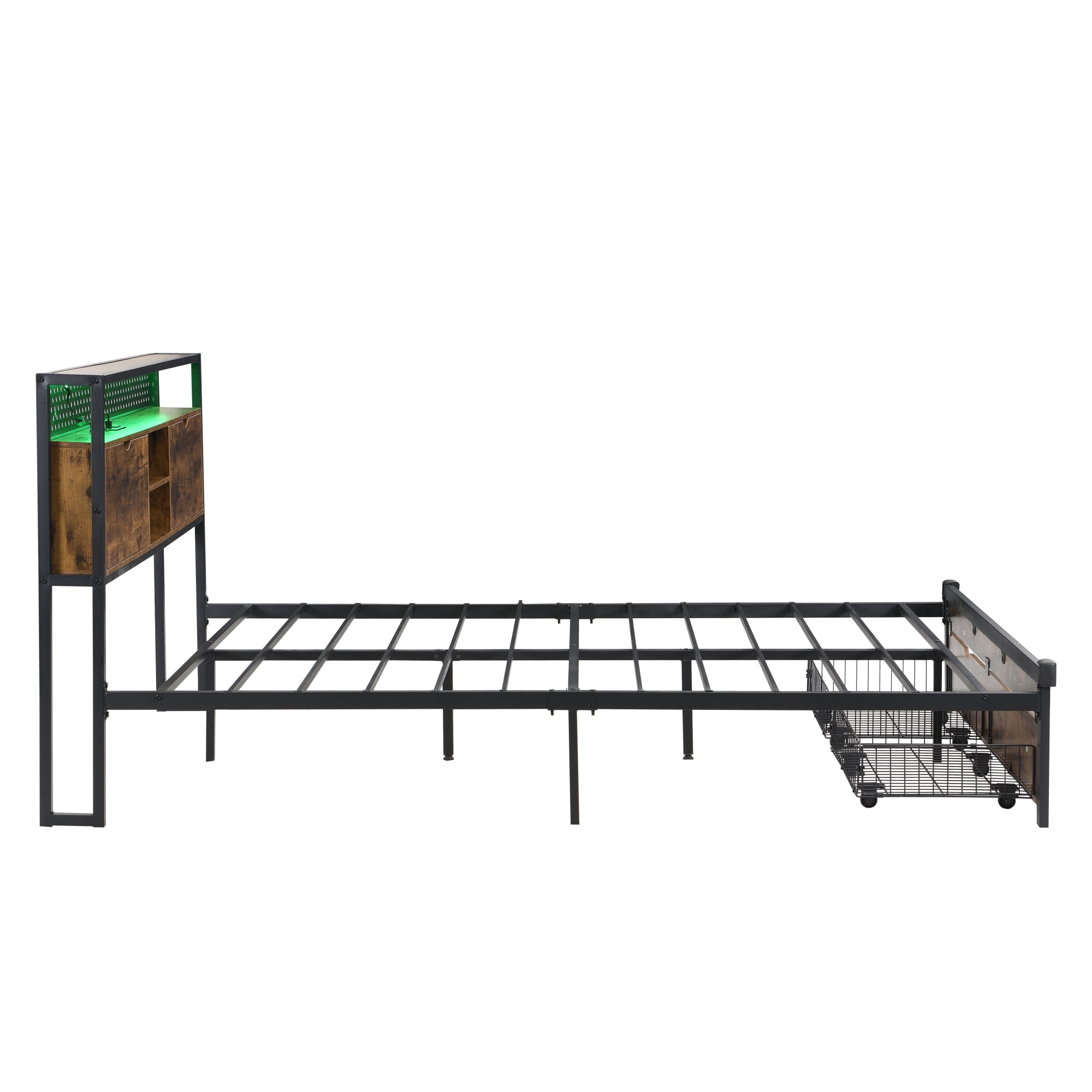 Leumius Queen Size Bed Frame with LED Lights, Industrial Platform Bed with Charging Station & 2 Drawers & Storage Shelf, Queen
