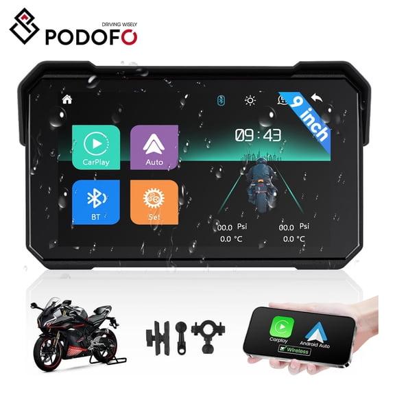 Podofo Portable Motorcycle 5'' Touchscreen Wireless Carplay and Android Auto with Design Holder/Bluetooth/Waterproof
