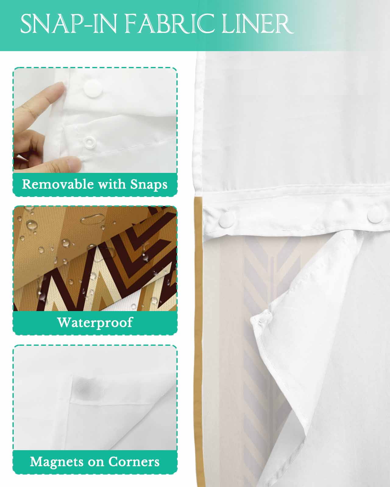 No Hook Shower Curtain with Snap in Liner, Boho Moroccan Brown Gradient Striped Geometric Hotel Shower Curtains for Bathroom, Washable Shower Curtain Liner Set with Mesh Top Window, 72”x78”