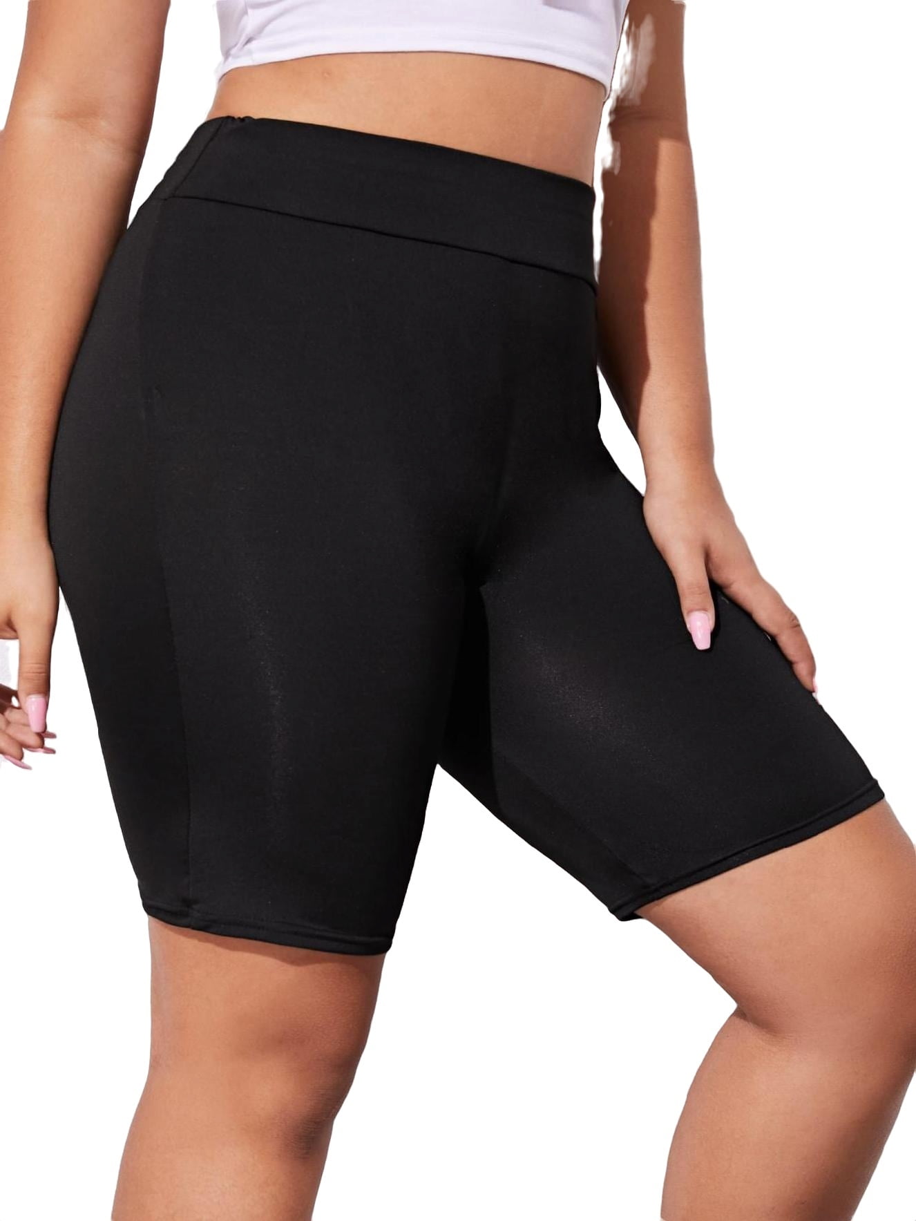 Black Casual Plain Biker Shorts Plus Size Leggings (Women's Plus