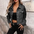 thumbnail image 2 of LNWUY Women's Studded Denim Jacket Casual Long Sleeve Western Distressed Trendy Cropped Jean Coat Black M, 2 of 7