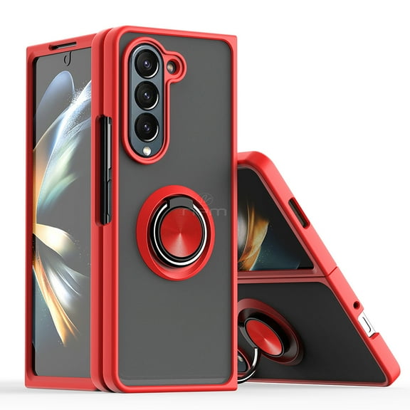 For Samsung Galaxy Z Fold 5 Impact Metal Ring Holder Stand Magnetic Car Mount Protective Hybrid Case Cover Red