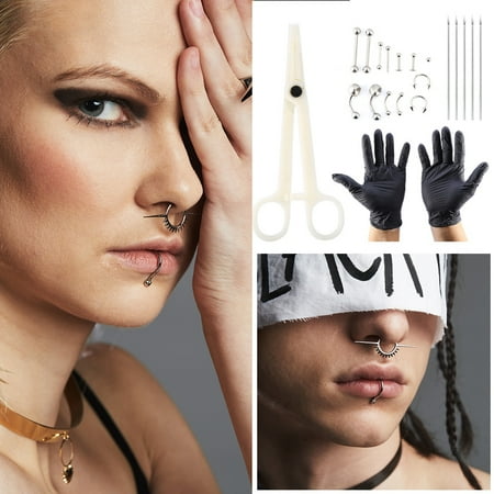 Nose Piercing Tools - HERCHR 20pcs/set Tongue Nose Belly Button Body Jewelry Piercing Rings Clamp Gloves Needles Tool Kit, Body Piercing Tool, Body Piercing Jewelry