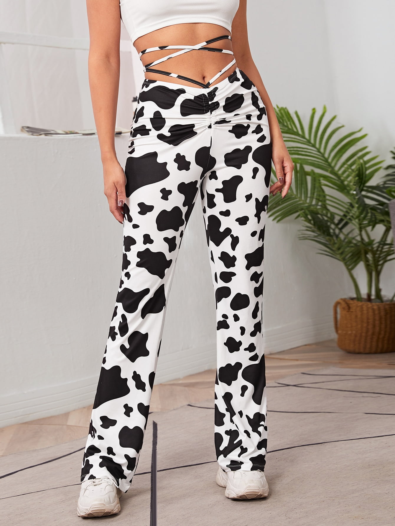Women's Cow Print Criss Cross Tie Back 