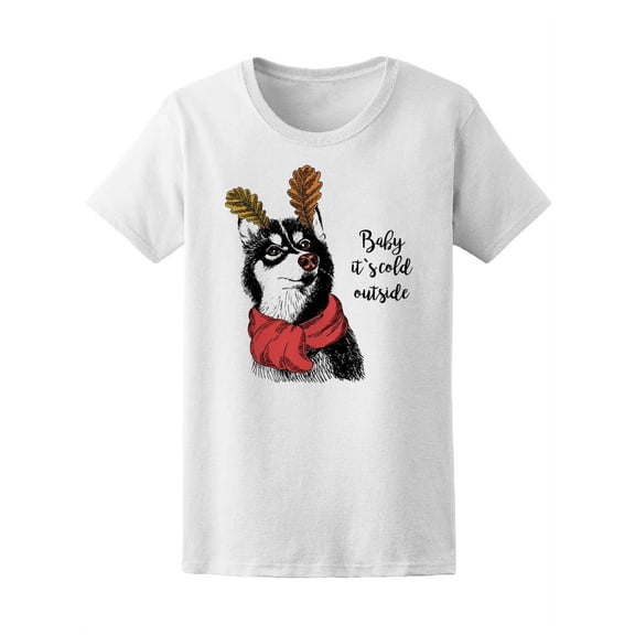 Siberian Husky Portrait Antlers T-Shirt Women -Image by Shutterstock, Female XX-Large