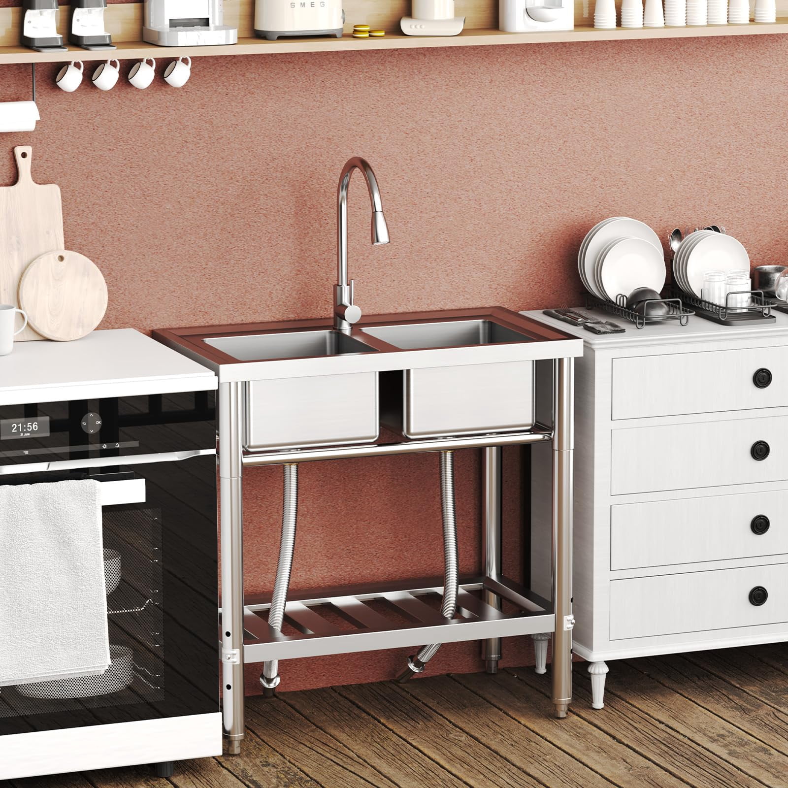 Huisuilinss Stainless Steel Utility Sink Free Standing Double Bowl Kitchen Sink Outdoor Camping Utility Sink Includes Faucet For Garage Restaurant Backyard Laundry Bathroom