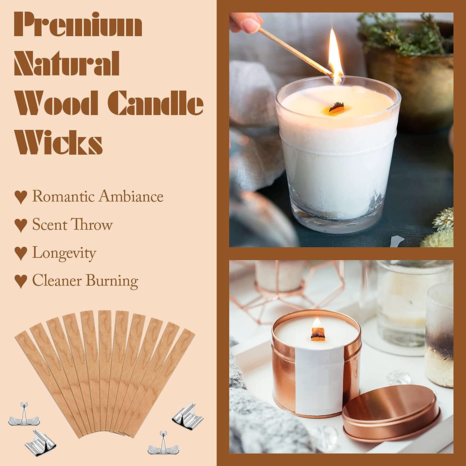150pcs Natural Candle Wood Wicks kit with Iron Base 5.1 X 0.5  Inch.Smokeless