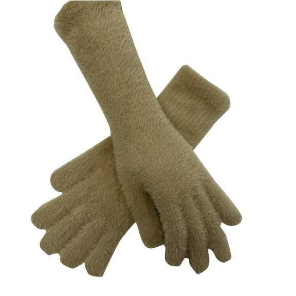 Xfvqtps Fluffy Full Finger Gloves Touchscreen Winter Warm Gloves Knit Plush Medium Length Stretchy Extended Mittens for Women Brown