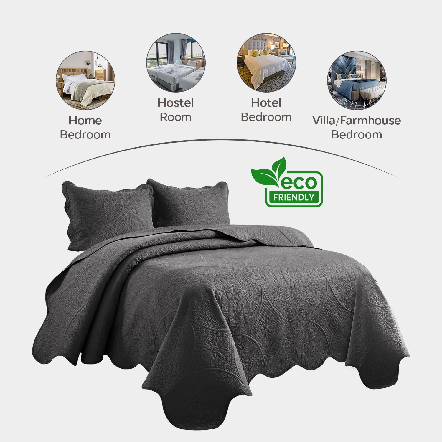 Moonlight20015 3 Piece Quilt Set Ultrasonic Lightweight Microfiber Floral Pattern Charcoal Twin