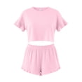 thumbnail image 3 of vdgthytj 2 Piece Sets for Women Ruffle Ribbed Short Sleeve Crop Top High Waist Flowy Shorts Loungewear Pajama Sets, 3 of 4
