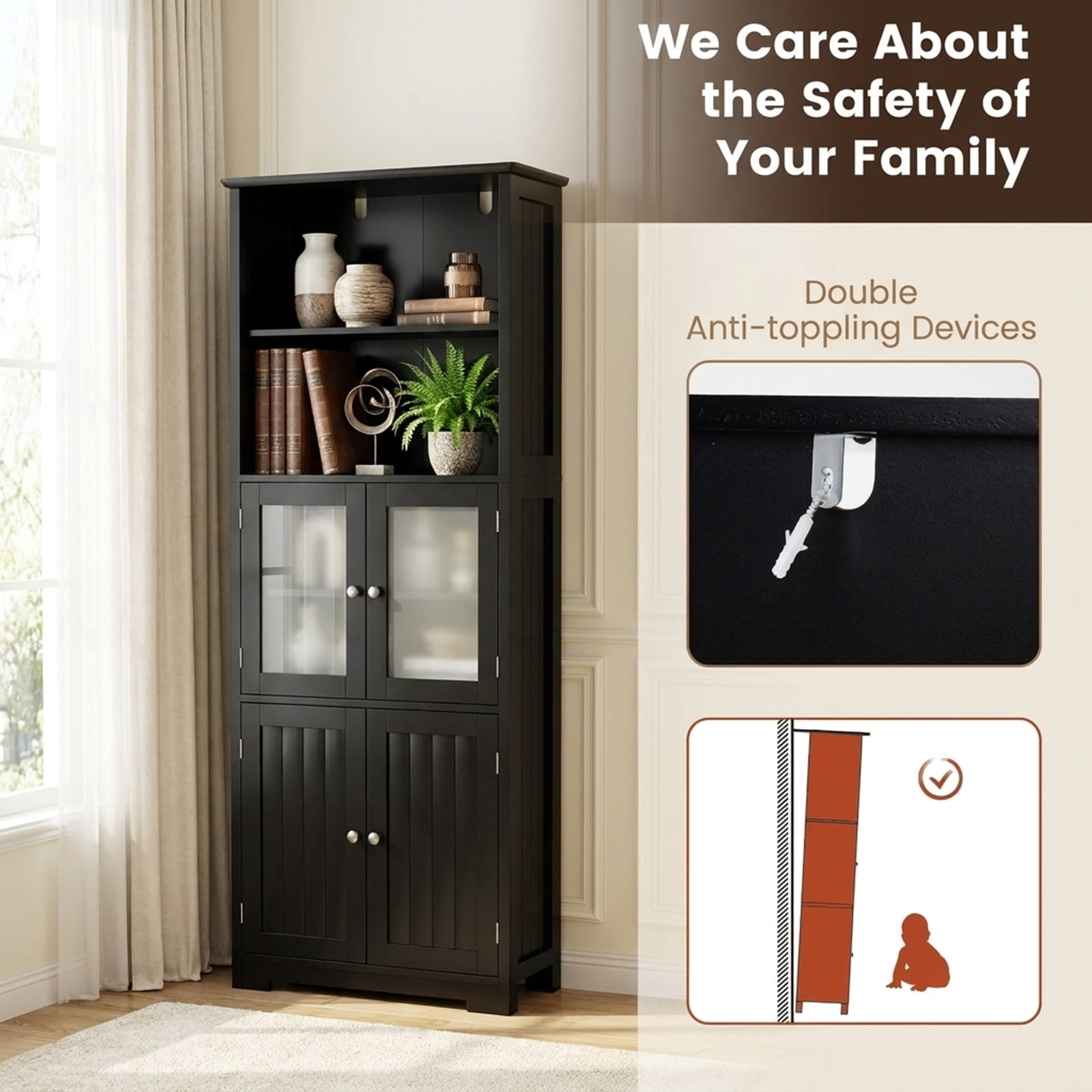 Vebreda Freestanding Bathroom Storage Cabinet, 6-Tier Freestanding Bathroom Cabinet with 2 Open Compartments and Adjustable Shelves