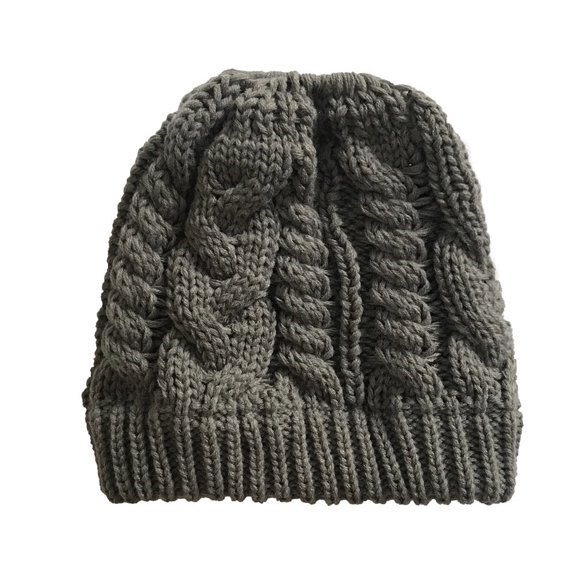 Homoyoyo Dark Grey Wool Knit Beanie for Women, Warm Messy Bun Winter Hat, Cozy Outdoor Cap for Autumn and Cold Weather, 1 Piece