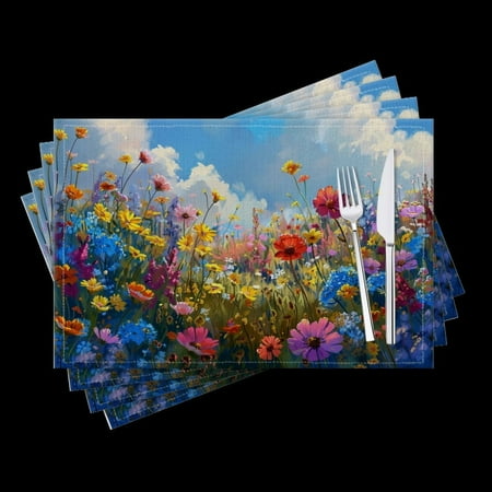 

BaHomeck placemats Set of 4 Vibrant Field Of Wildflowers With Colorful Daisies And Bluebells Cotton Linen rectangle Placemats for Kitchen Dining Table Indoor Outdoor 18*12inch