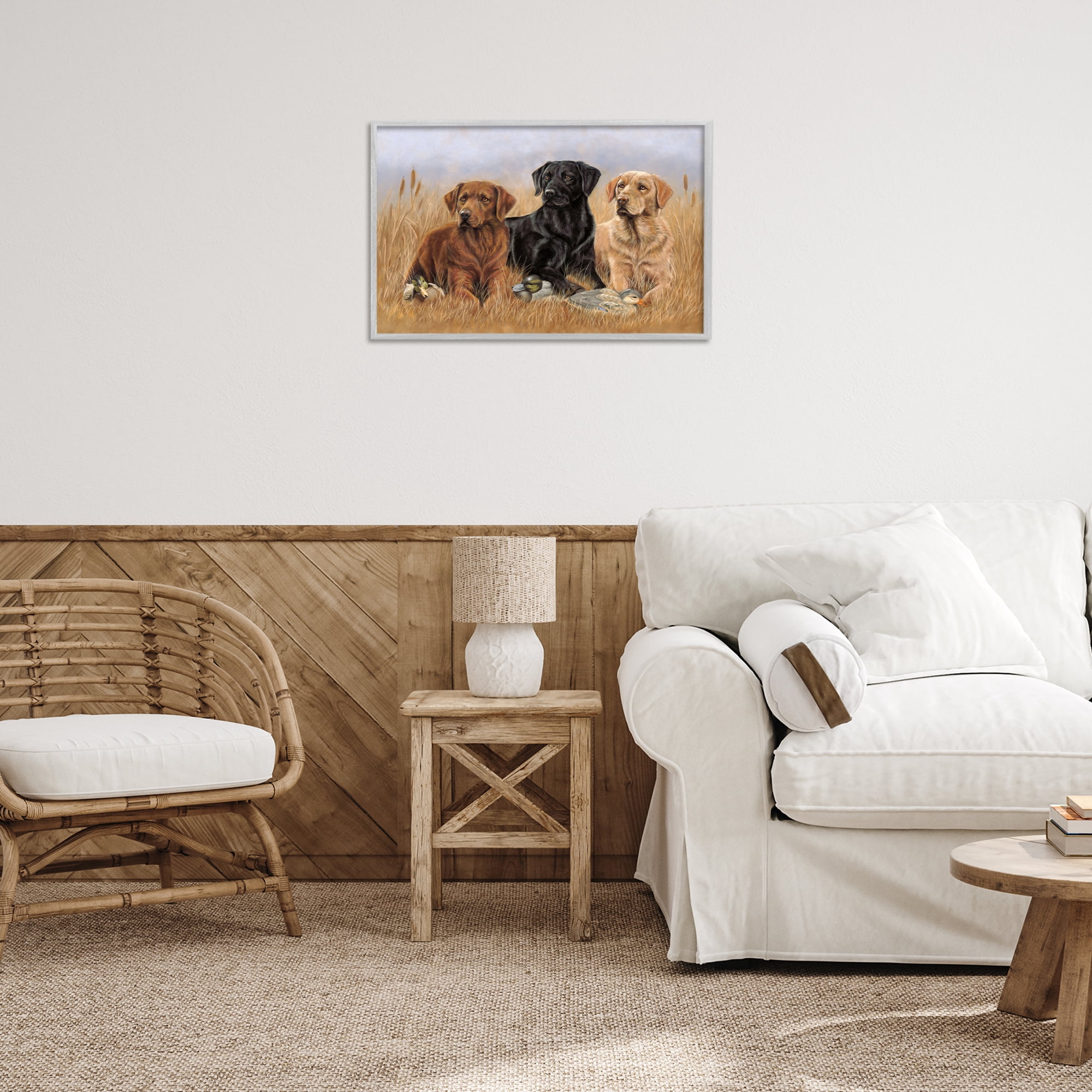 Stupell Industries Dog Trio & Ducks Animals & Insects Painting Gray Framed Art Print Wall Art, 24 x 16