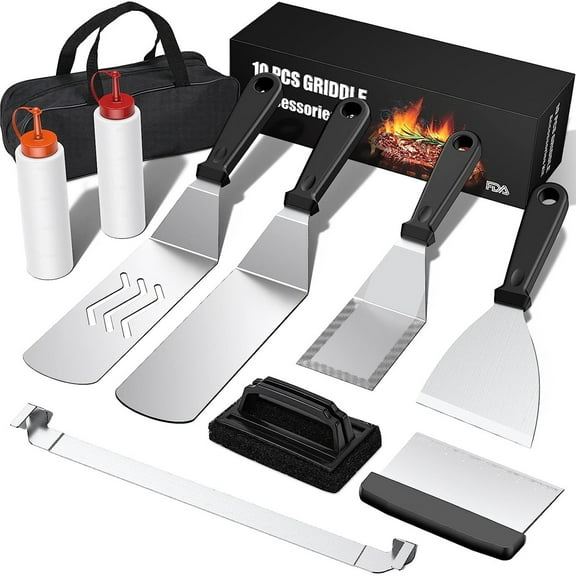 Griddle Accessories Kit for Blackstone, 10 Pcs Flat Top Grill Accessories Set for Camp Chef,  Stainless Steel Grill Tools for Outdoor BBQ Teppanyaki Camping