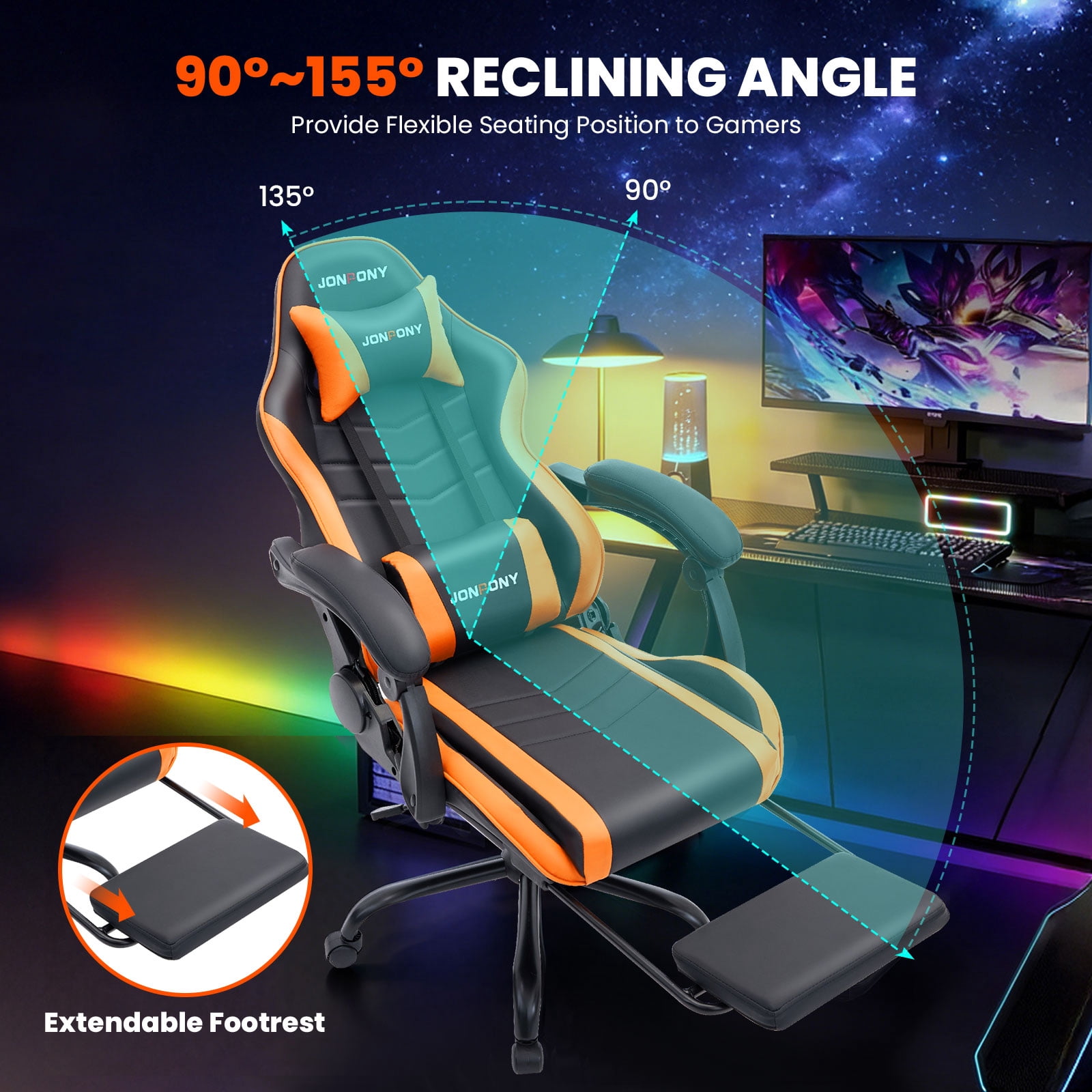 JONPONY Big and Tall 500LBS Gaming Chair, Ergonomic High Back Gamer Chair with Footrest Lumbar Support, PU Leather Office Computer Chair for Long Sitting, Orange