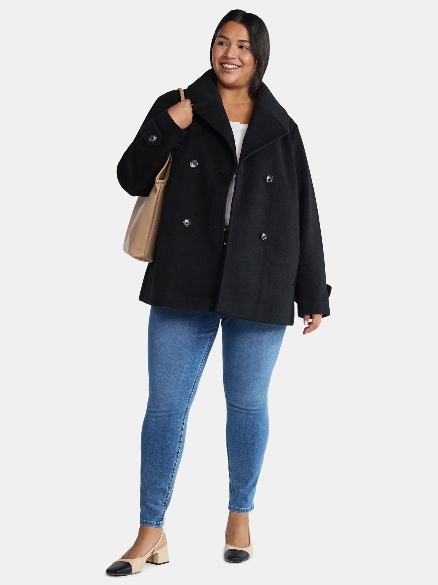 Time and Tru Women's and Women's Plus Faux Wool Peacoat, Sizes XS-2X