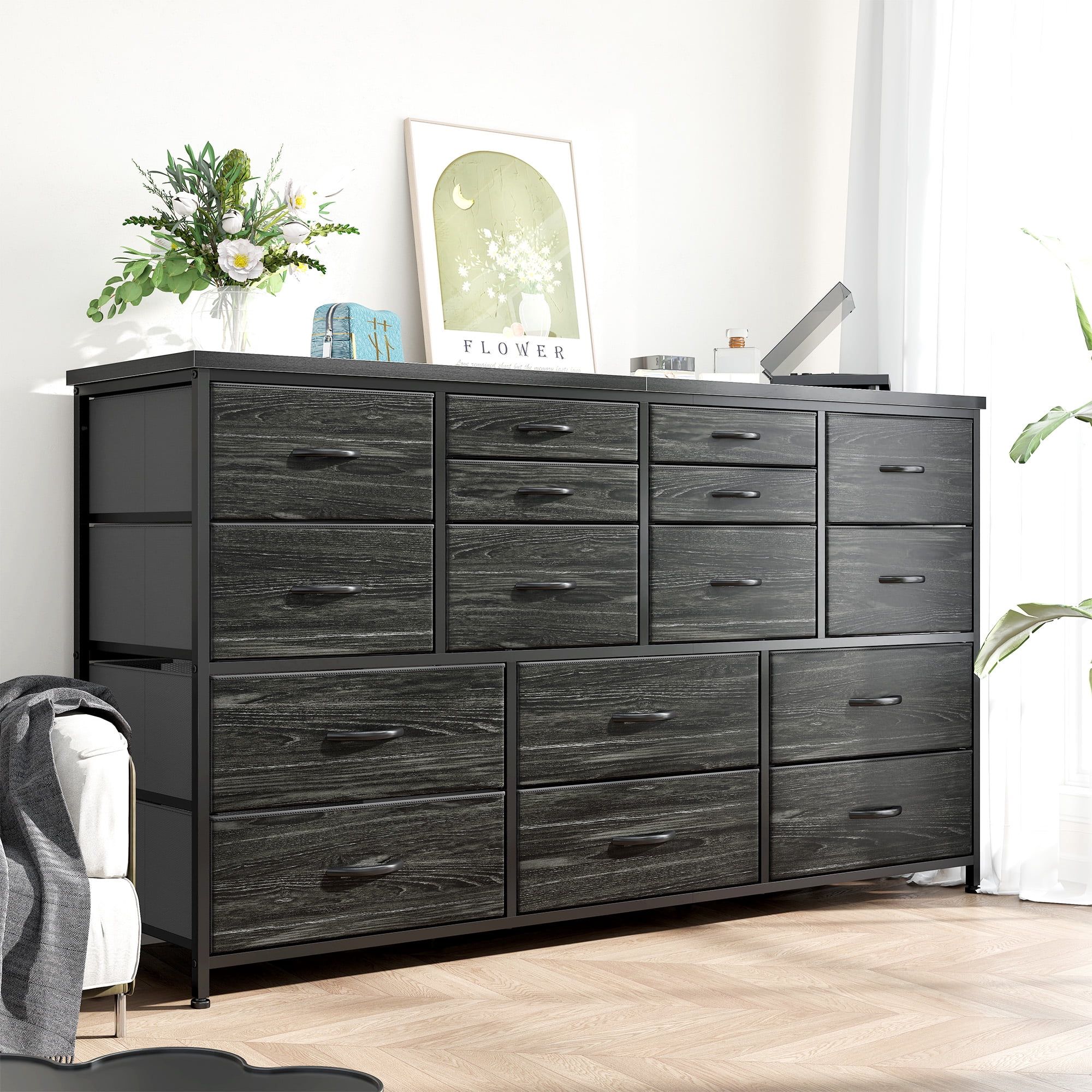 Romorgniz Black Dresser for Bedroom with 16 Drawers for Closet Fabric Dressers & Chests of Drawers TV Stand with Charging Station