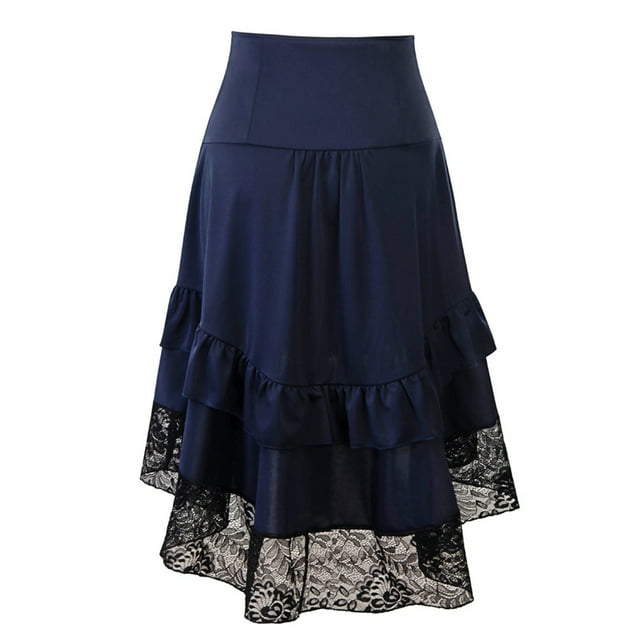 Women's Medieval Renaissance Gothic Skirt Drawstring Lace Patchwork High Low Ruffled Skirts Halloween Dress