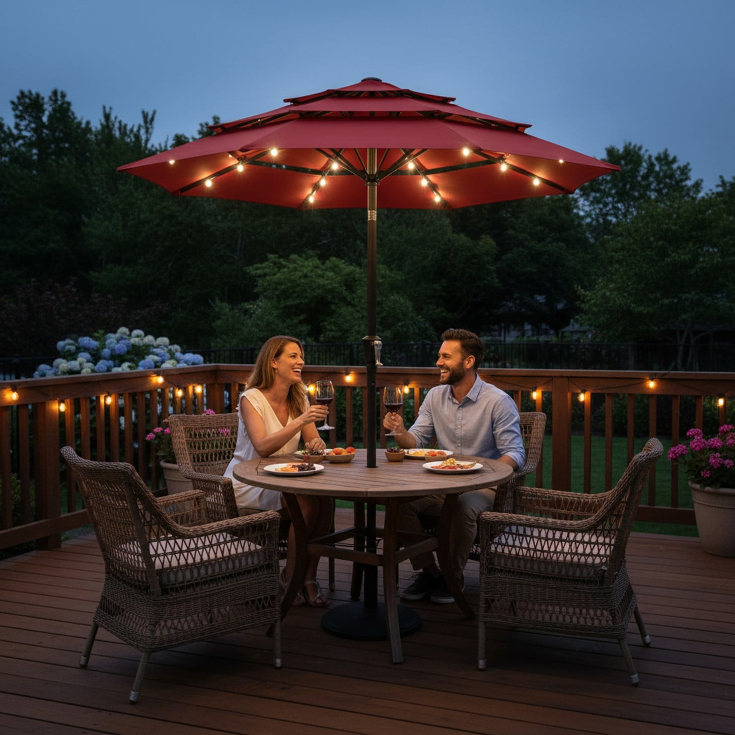 EdX 9.2 FT 3-Layer Solar Patio Umbrella, 32 LED Lights Market Umbrella with Adjustable Tilt, 8-Rib Outdoor Sunshade for Backyard, Deck and Poolside (Red/Navy Blue/Khaki)