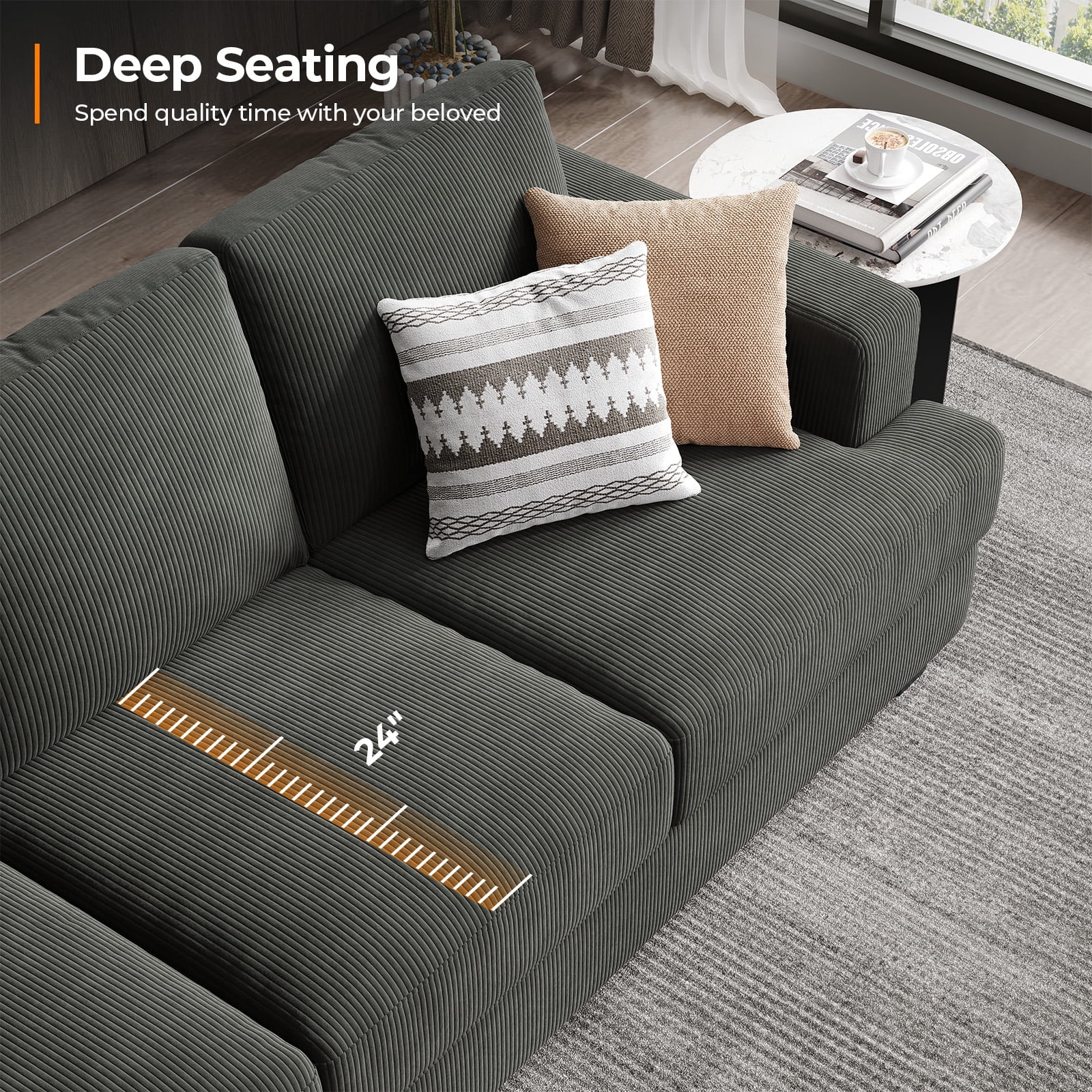 BLAZANT 89" Sofa Couch, 3 Seater Sofa with Suppleness Armrests, Corduroy Fabric Deep Seat Sofa with Upholstered Cushion& Backrests, Modern Comfy Couch for Living Room Apartment Office