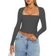 thumbnail image 3 of Yunliwuli Women's Slim Fit Crop Tops Long Sleeve Square Neck Solid Color T-Shirt Dressy Blouses, 3 of 6