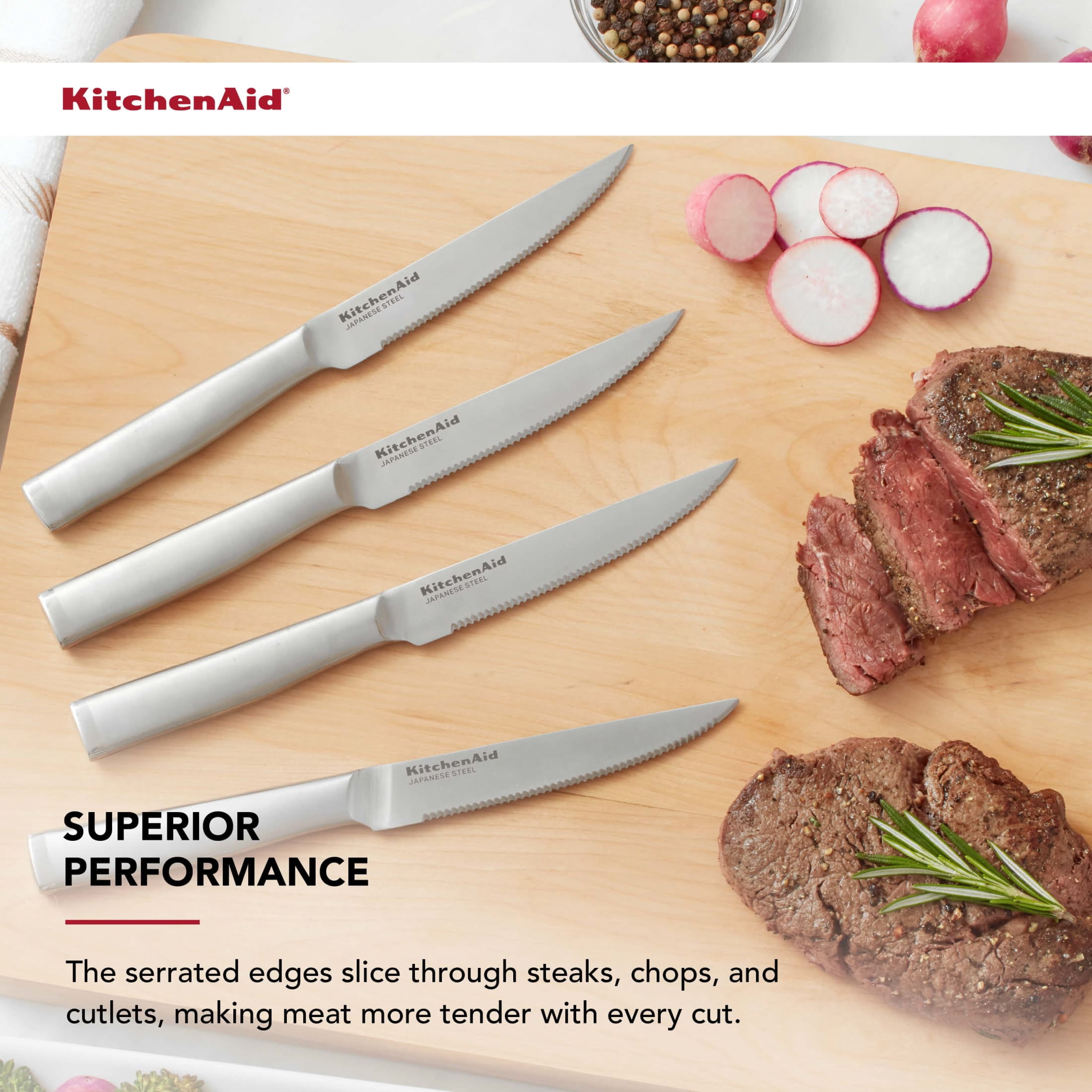 KitchenAid Gourmet 4-Piece Forged Steak Knife Set, High-Carbon Japanese Steel, Brushed Stainless